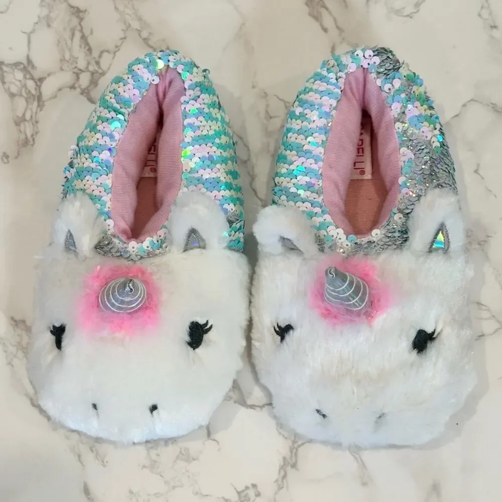 Capelli New York Little Girls Sequin Unicorn Slippers Size 1-2